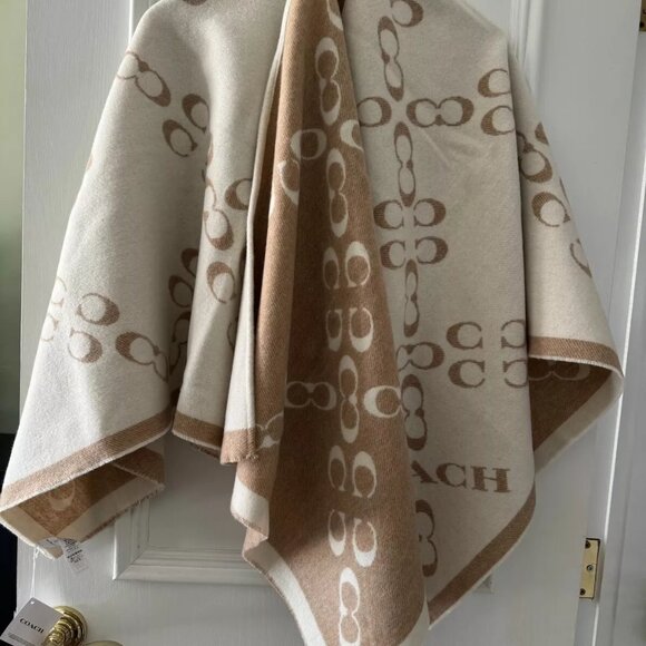 COACH Signature Poncho Chalk Taupe Wool Reversible One Size Logo - Picture 2 of 7